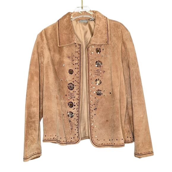 Chico's Vintage Tan Suede Long Sleeve Open Front Jacket Embroidered Sequins - Picture 1 of 11